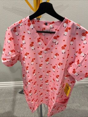Revel Pink Gnome Print V-Neck Scrub Top